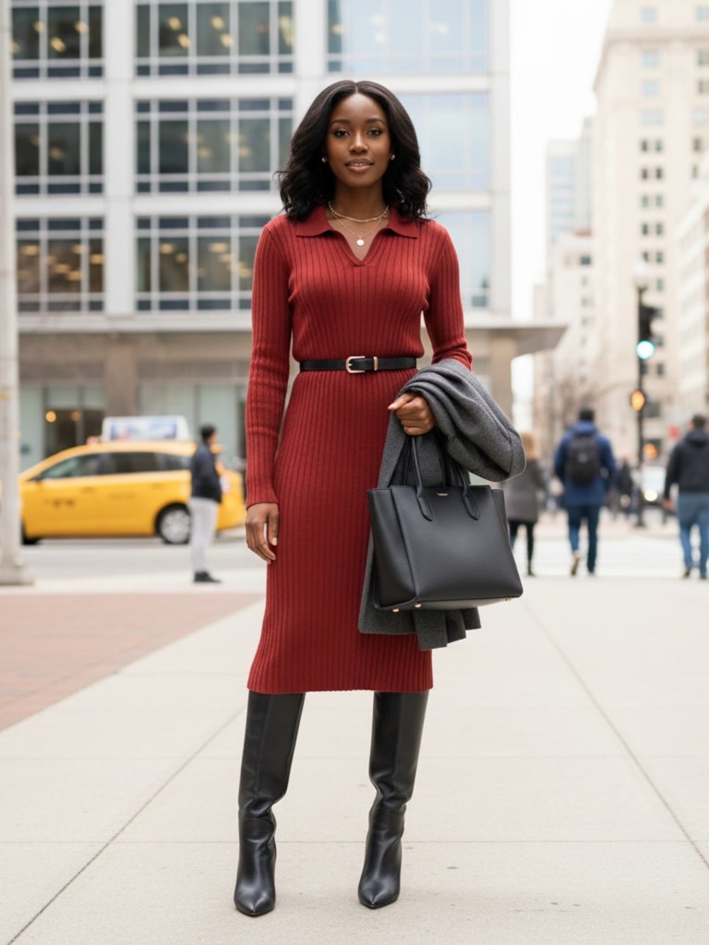 Birch NY Ribbed Polo Sweater Midi Dress Red Rust Long Sleeve Size M NWT